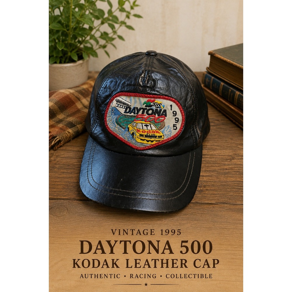 Vintage 1995 Daytona 500 Kodak Leather Snapback Racing NASCAR Black Cap Hat
